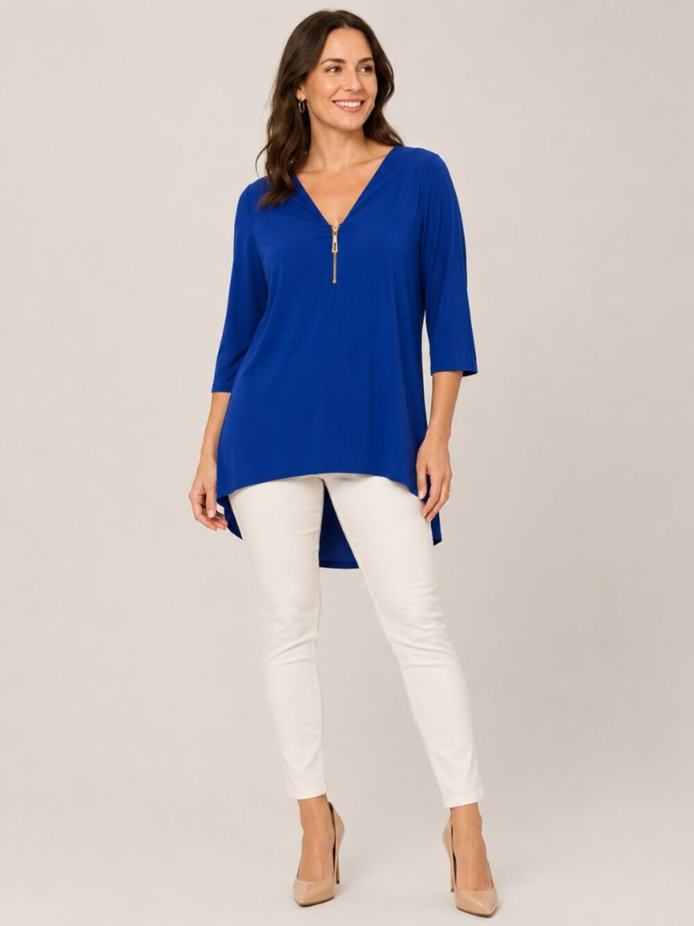 Carmen Marc Valvo Royal Blue Zip Front High Low Tunic Top L